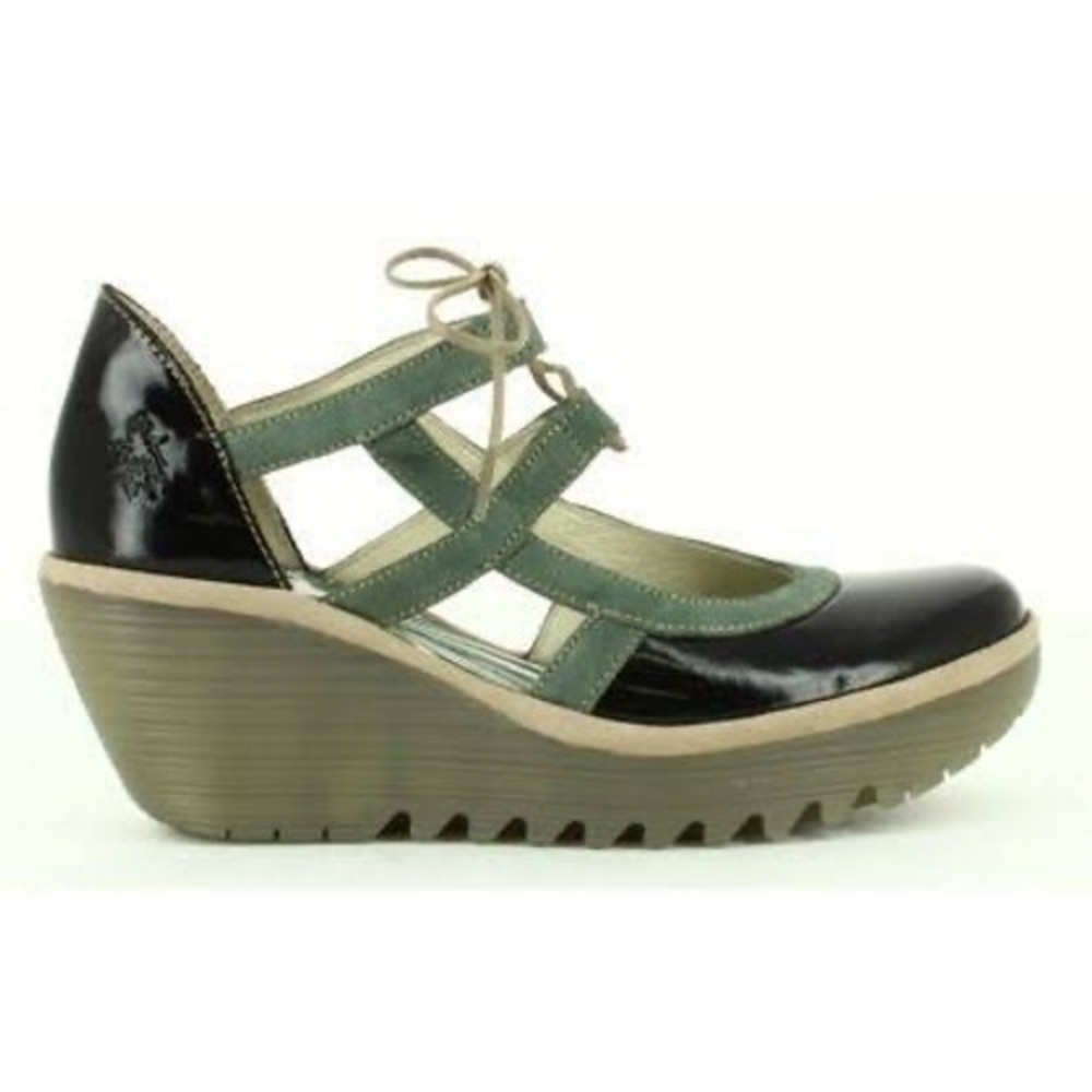 Fly London Wedge Sandals Womens 40 Black Green Excellent Patent Leather Lace Up